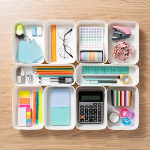 Get Rid of Clutter TitleNeatly Organized Stationery in White Trays