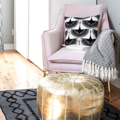 Avoid Sharp Corners Pink arm chair and gold ottoman