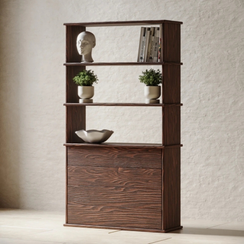 Omba Bookshelf with drawers in walnut with sculpture, plants and books displayed.