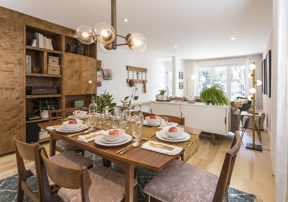 Something Has Come Between Us Teak dining set with six chairs covered in pink crushed velvet