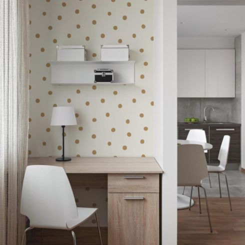 Feeling Dotty Home office with polka-dot peel and stick wallpaper