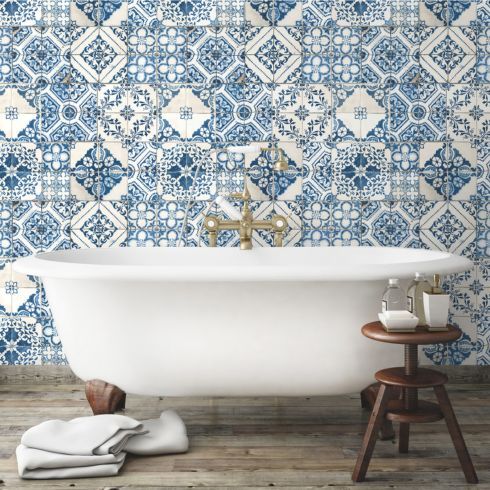 Breezy Blue Peel and stick wallpaper in bathroom