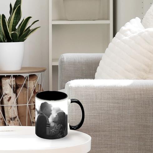 Print Wedding Photos on Everyday Items A black and white photo of a couple on a mug.