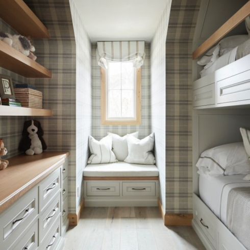 Wonder Walls Bunkbed with muted plaid wallpaper