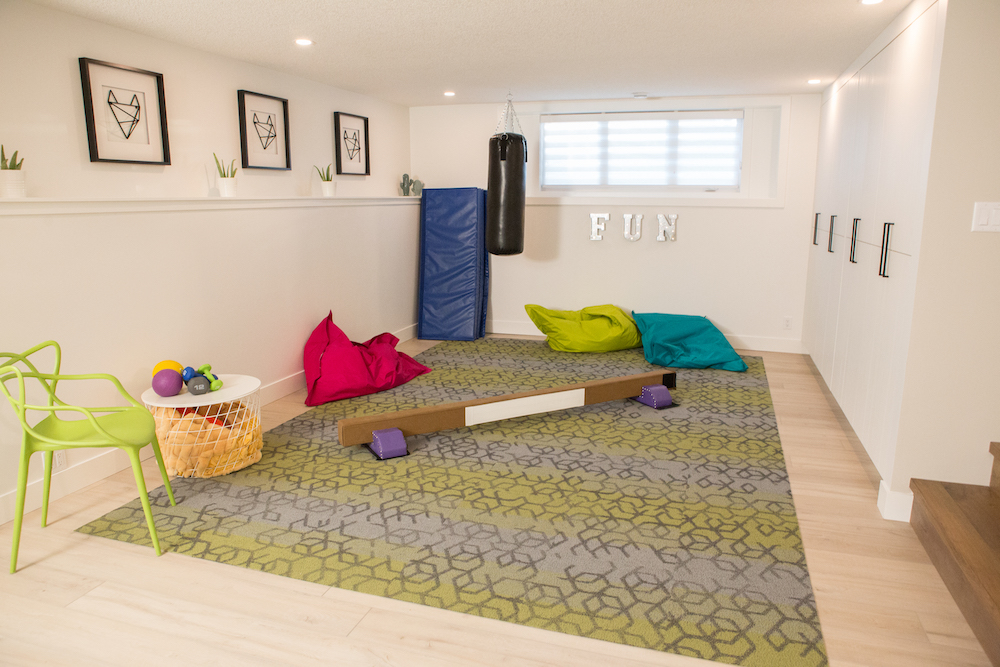 Flex Space Kids space in the basement with gymnastics gear