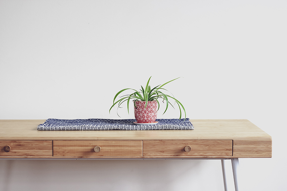 Spider Plants Like Humidity Spider plant in a red patterned pot on a wooden table.