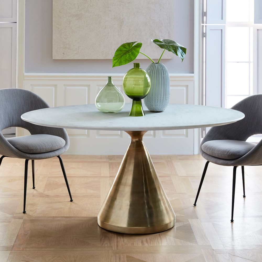 Gold Rush Pedestal dining table with marble top and gold base