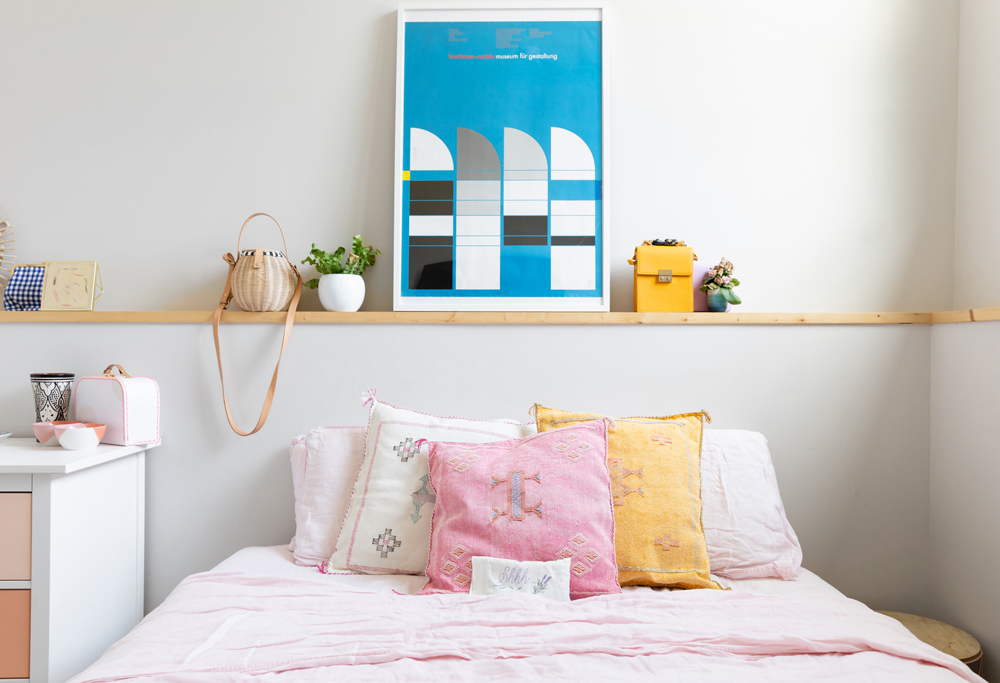 Love a Ledge bright, colourful bed with wooden ledge shelf with assorted decorative items