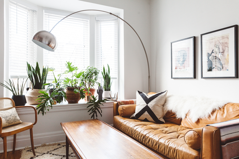 This Little Light of Mine Bright living room with potted plants and large, unique lamp that hangs over the couch