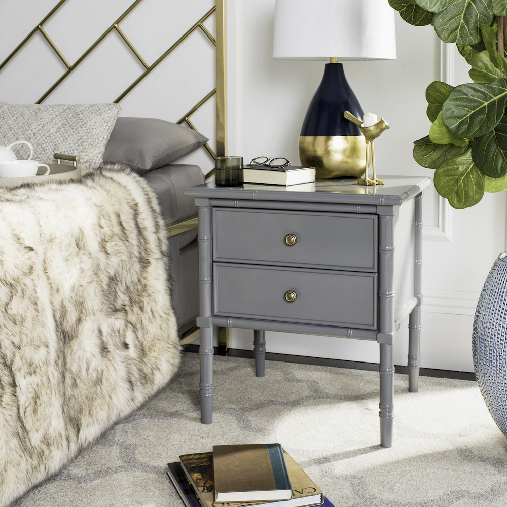 Tall Legs for Small Spaces Small grey nightstand with spooled legs in bedroom