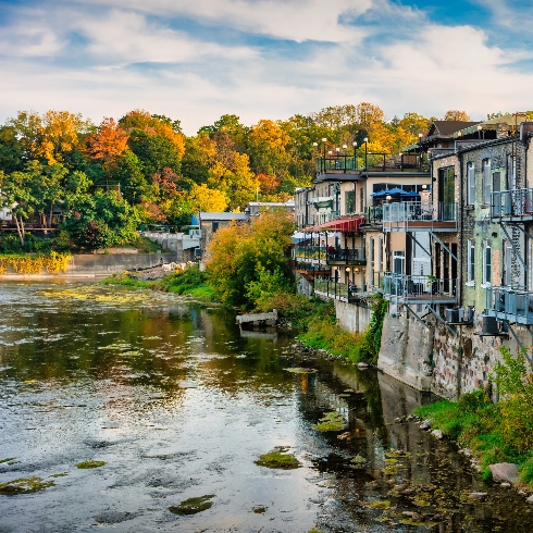 Paris, Ontario Buildings lining the Grand River in Paris, Ontario.