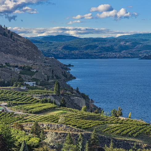 Summerland, British Columbia Vineyards and mountains surrounding Okanagan Lake in Summerland, British Columbia