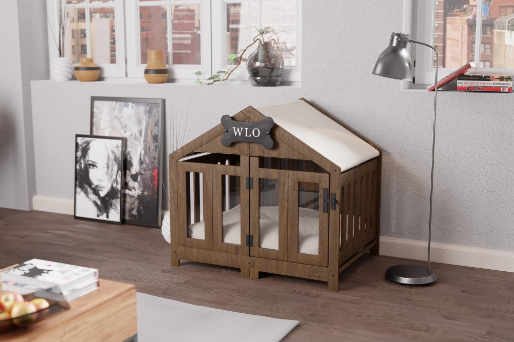 Industrial A wooden dog crate shaped like a house with a black bone in the middle