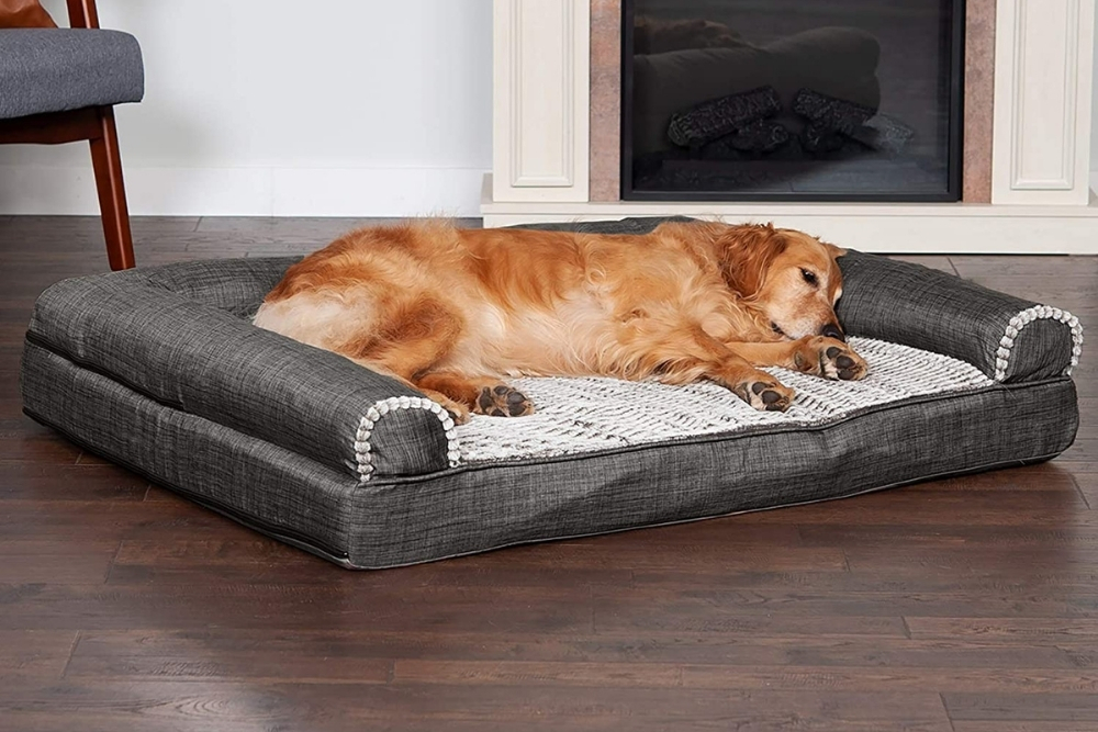 Shabby Chic A sleeping golden retriever on a gray orthopedic dog bed
