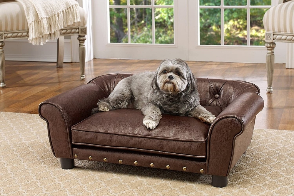 Traditional A small dog is sitting on a dog bed that looks like a mini brown leather couch.