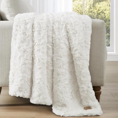 UGG Reversible Throw Blanket White buzzy throw blanket on white furniture