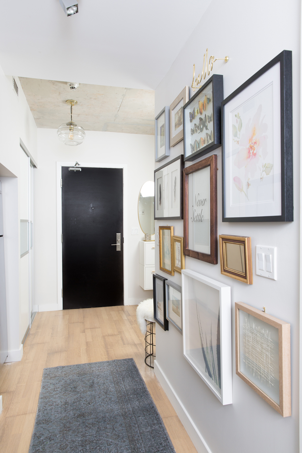 The Small Studio Entryway Gallery wall in a condo hallway