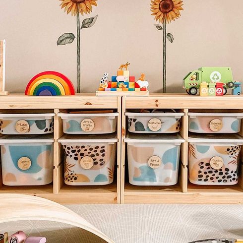 This is a Stick-Up Organized toy bins decorated with terrazzo stickers