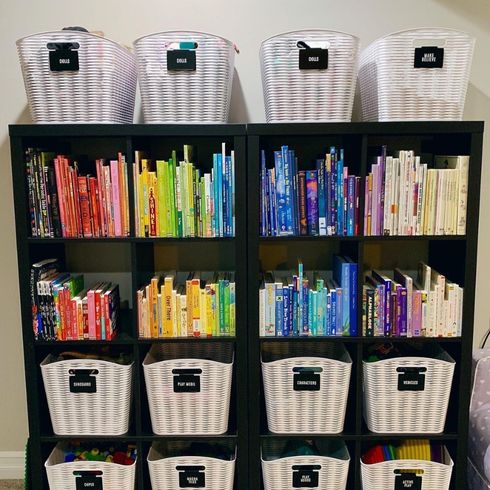 The Neatest Bookshelf in Town Tidy bookshelf showcasing baskets and colour-coded books