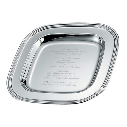 Engrave Details of Your Wedding Onto a Silver Tray A silver tray with wedding invitation details engraved.