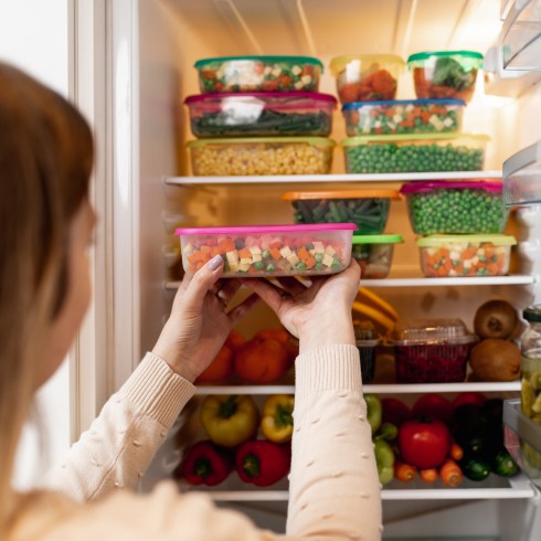 Use Stackable, Clear Containers person putting things in a fridge