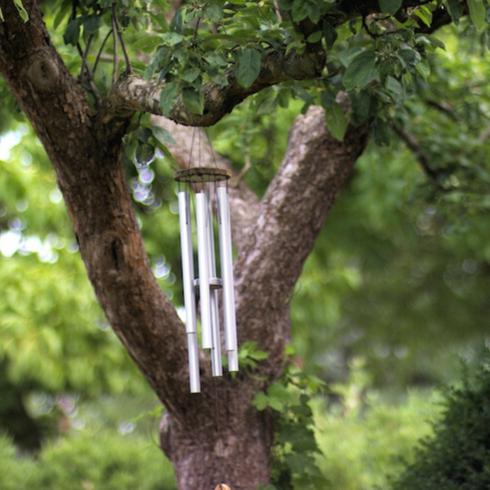 Chime In Metal and wood wind chimes hangs from a large apple tree can be part of a memorial garden