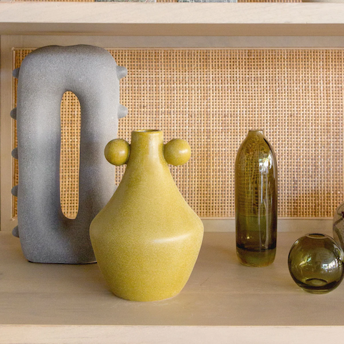 Black Rooster Maison yellow and grey vases and glassware