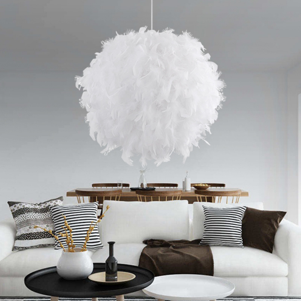 A Fluffy Feathered Plug-In Chandelier Round feathered plug in chandelier