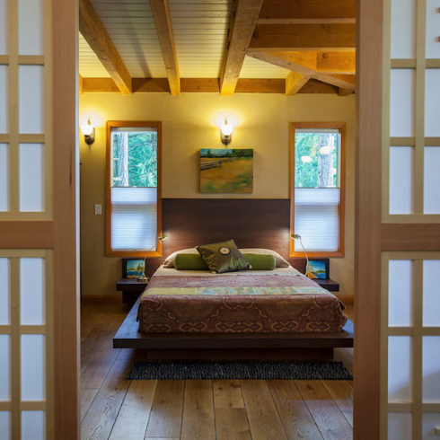 Keep it Separated patterned bed in yellow bedroom with shoji screens