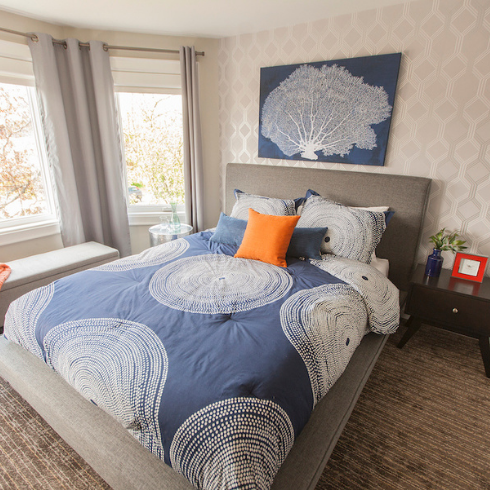Pop of Colour grey bedroom with blue bedding and art on wall