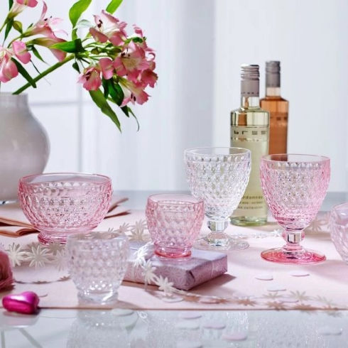 Pink Crystal Set Light and medium pink crystal dessert bowls and champagne glasses