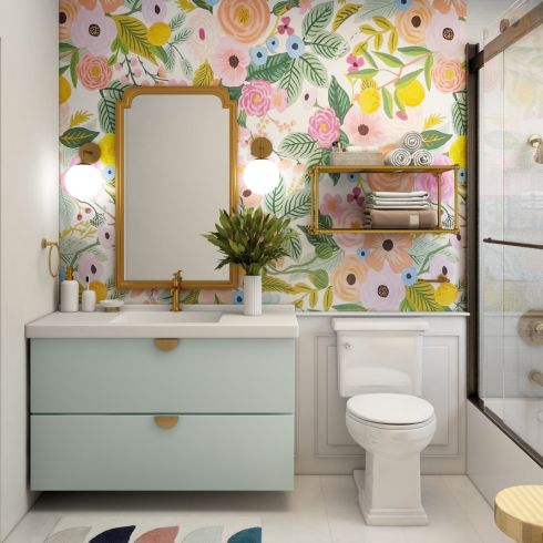 Wallpapered Rooms Beautiful bathroom with floral wallpaper on the walls